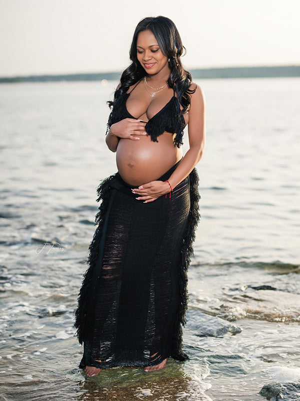 Momnfancy 2-in-1 Cut Out Tassel Sheer Photoshoot Maternity Maxi Dress