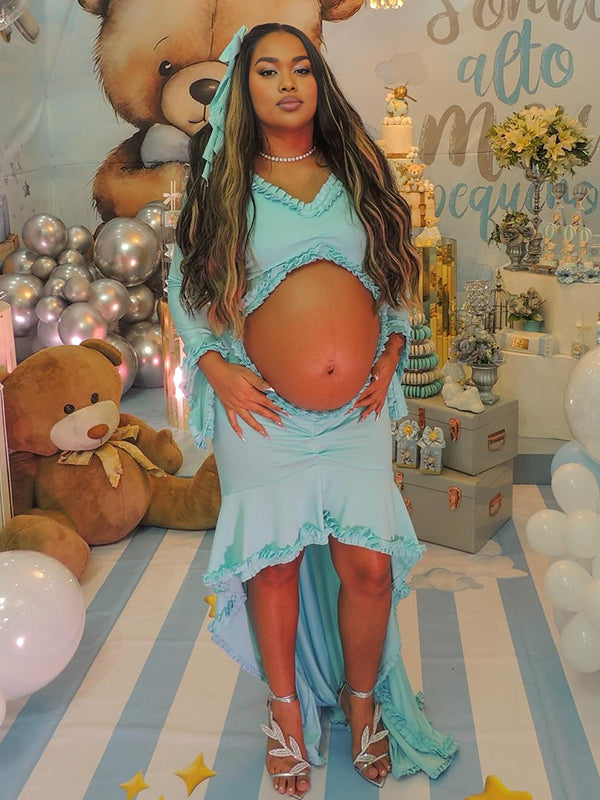 Momnfancy Blue Ruffle Cut Out Mermaid Maternity Baby Shower Maxi Dress