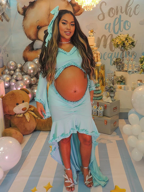 Momnfancy Blue Ruffle Cut Out Mermaid Maternity Baby Shower Maxi Dress