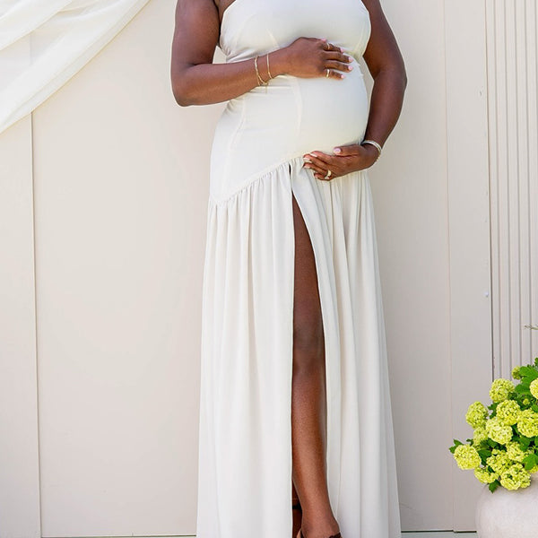 Momnfancy White Bandeau Strapless Side Slit Maternity Maxi Dress