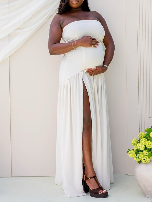 Momnfancy White Bandeau Strapless Side Slit Maternity Maxi Dress
