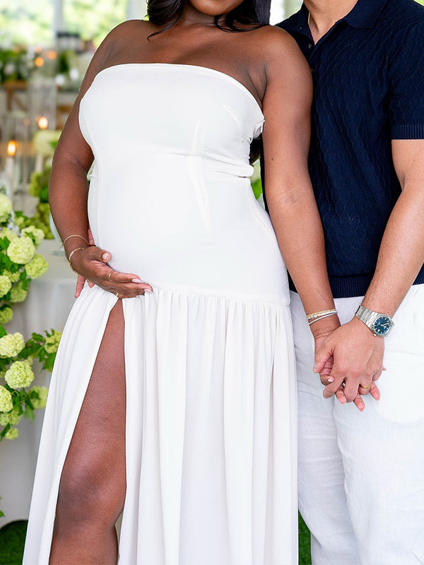 Momnfancy White Bandeau Strapless Side Slit Maternity Maxi Dress