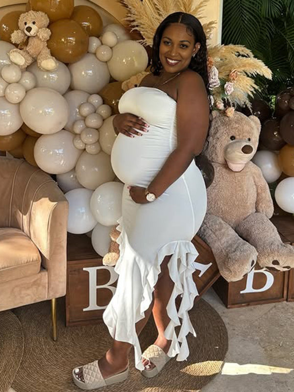 Momnfancy White Bandeau Strapless Ruffle Falbala Baby Shower Maternity Maxi Dress