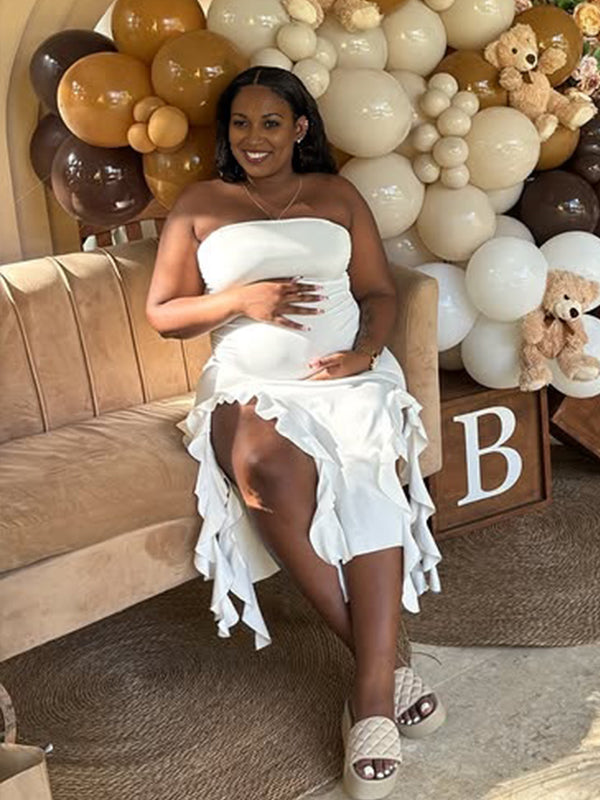 Momnfancy White Bandeau Strapless Ruffle Falbala Baby Shower Maternity Maxi Dress