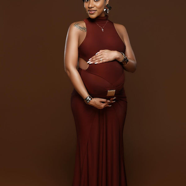 Momnfancy Burgundy Cut Out Mental Buckle Backless Maternity Maxi Dress