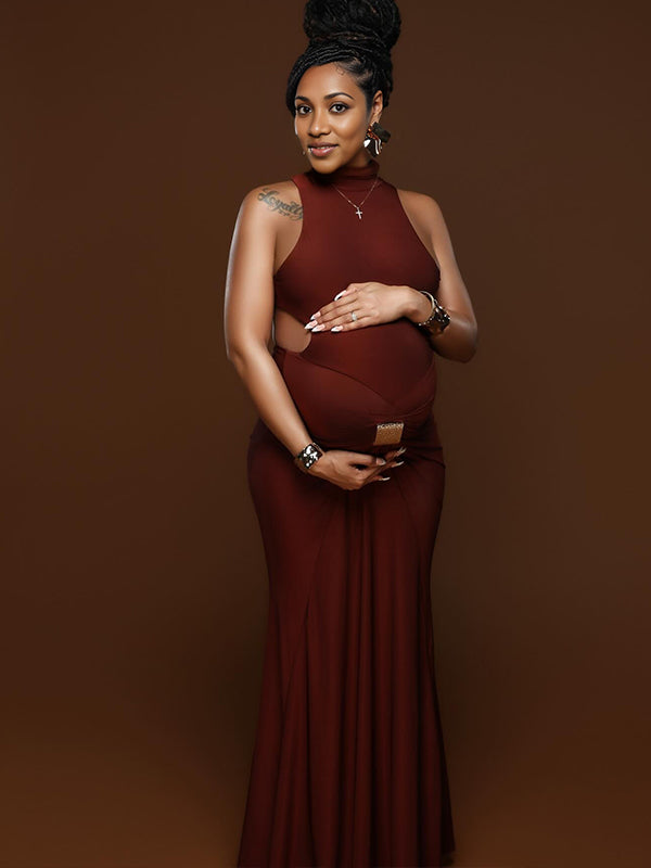 Momnfancy Burgundy Cut Out Mental Buckle Backless Maternity Maxi Dress