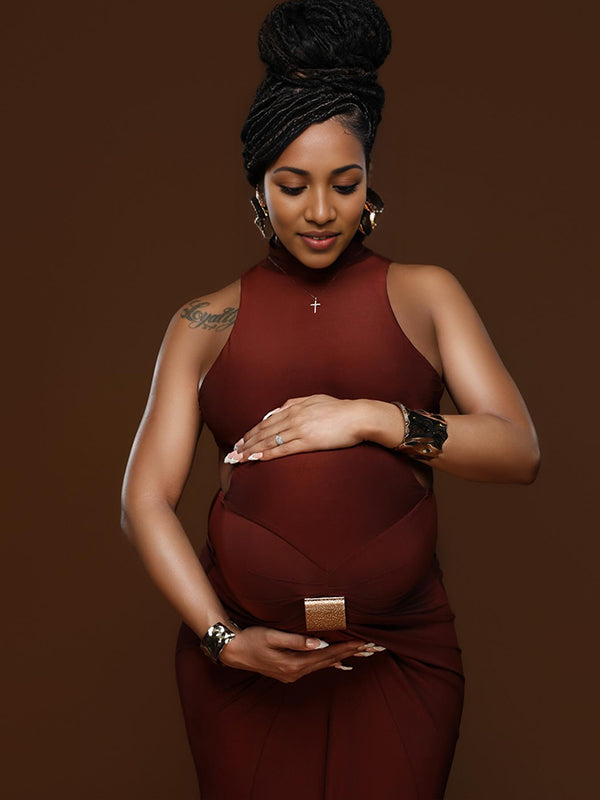 Momnfancy Burgundy Cut Out Mental Buckle Backless Maternity Maxi Dress