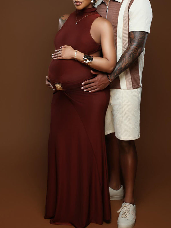 Momnfancy Burgundy Cut Out Mental Buckle Backless Maternity Maxi Dress