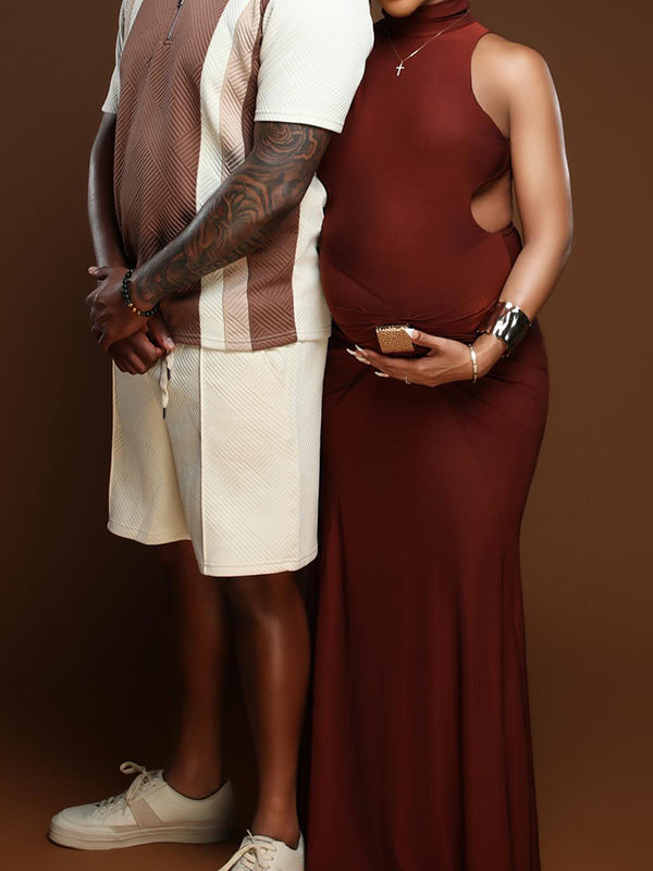 Momnfancy Burgundy Cut Out Mental Buckle Backless Maternity Maxi Dress