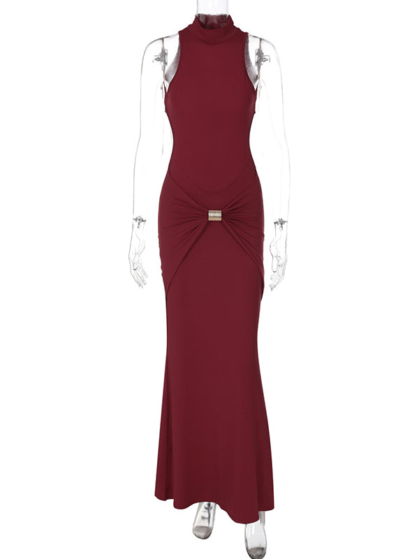 Momnfancy Burgundy Cut Out Mental Buckle Backless Maternity Maxi Dress