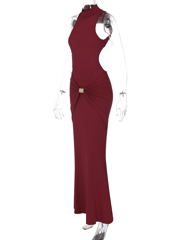 Momnfancy Burgundy Cut Out Mental Buckle Backless Maternity Maxi Dress