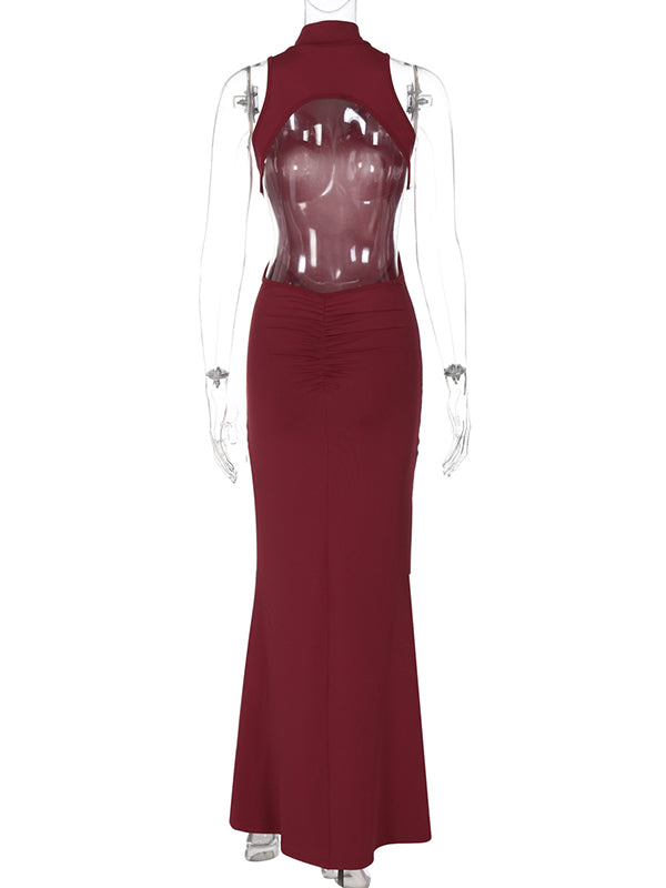 Momnfancy Burgundy Cut Out Mental Buckle Backless Maternity Maxi Dress