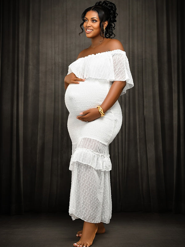 Momnfancy White Ruffle Smocked Off Shoulder Mermaid Maternity Maxi Dress