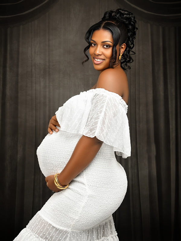 Momnfancy White Ruffle Smocked Off Shoulder Mermaid Maternity Maxi Dress