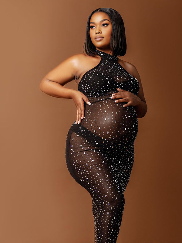 Momnfancy Black Diamonds Mesh Backless Elegant Maternity Photoshoot Maxi Dress