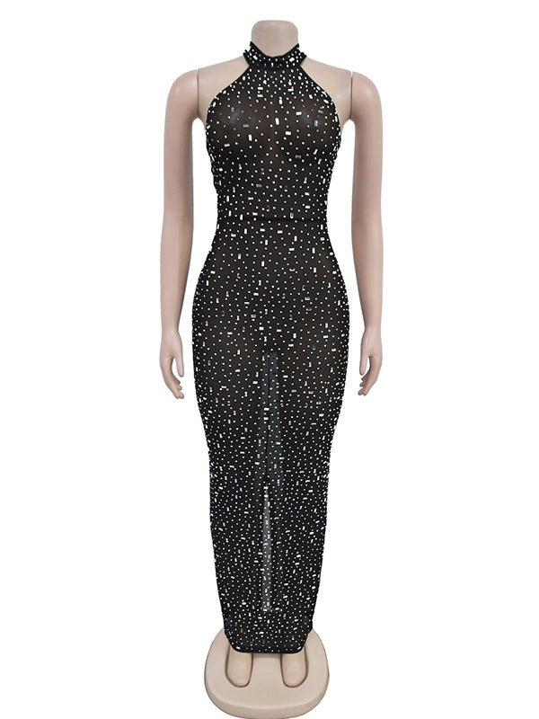 Momnfancy Black Diamonds Mesh Backless Elegant Maternity Photoshoot Maxi Dress