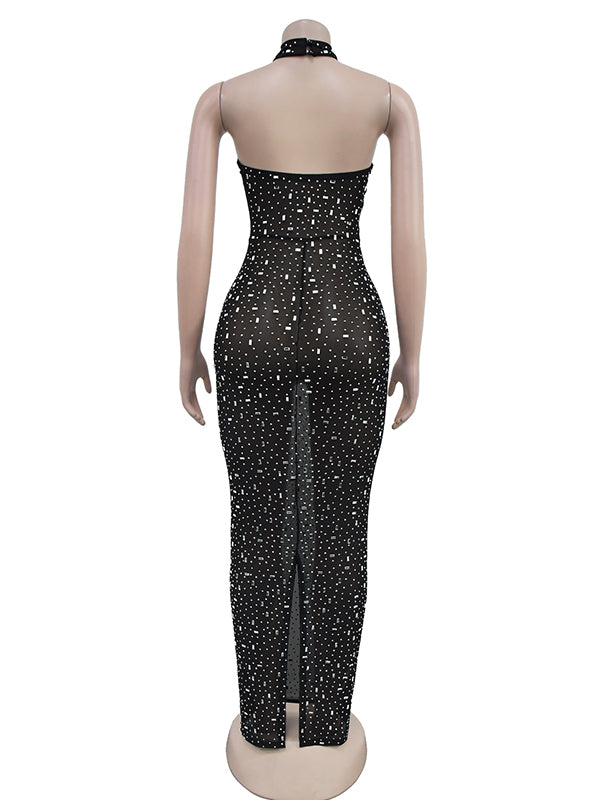 Momnfancy Black Diamonds Mesh Backless Elegant Maternity Photoshoot Maxi Dress