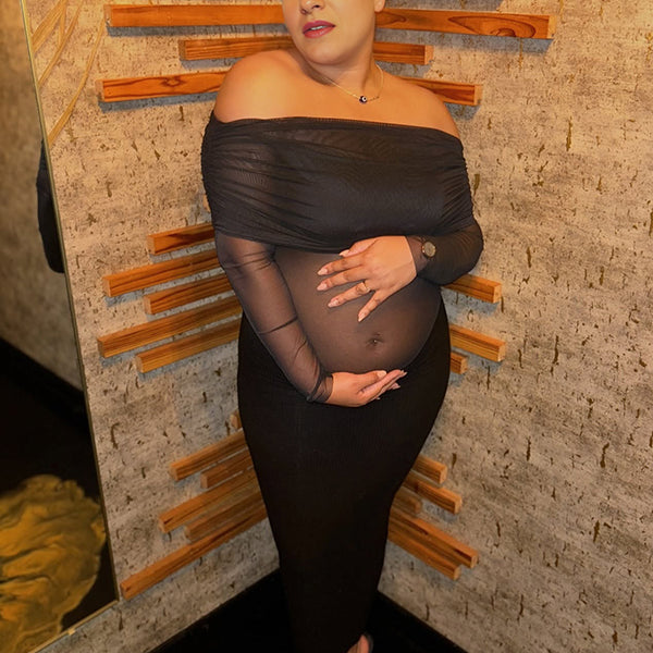 Momnfancy Black Mesh Ruched Off Shoulder Elegant Maternity Maxi Dress