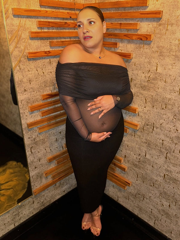 Momnfancy Black Mesh Ruched Off Shoulder Elegant Maternity Maxi Dress