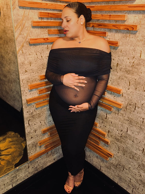 Momnfancy Black Mesh Ruched Off Shoulder Elegant Maternity Maxi Dress