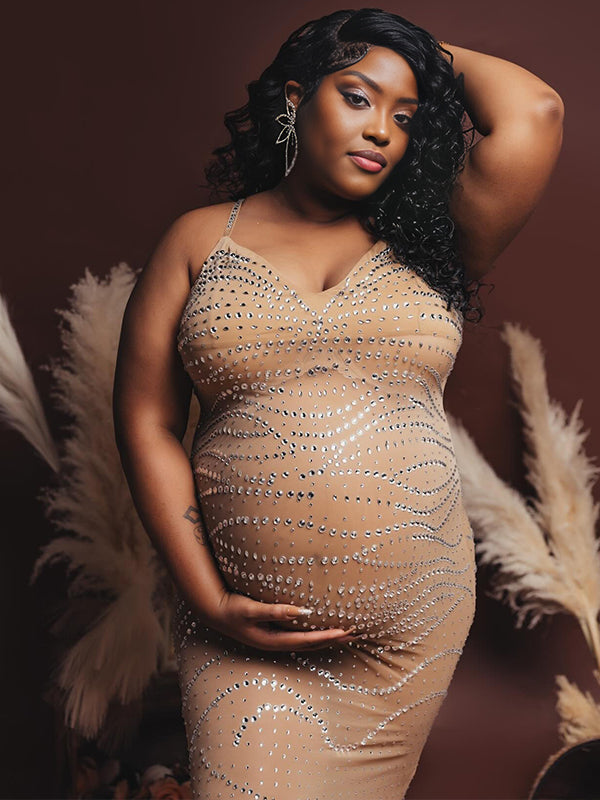 Momnfancy Apricot Diamonds Mesh Cami Elegant Maternity Photoshoot Maxi Dress