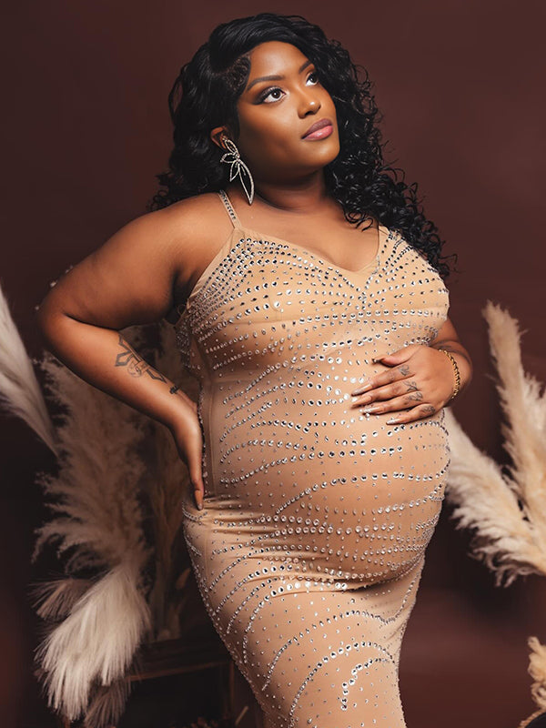 Momnfancy Apricot Diamonds Mesh Cami Elegant Maternity Photoshoot Maxi Dress