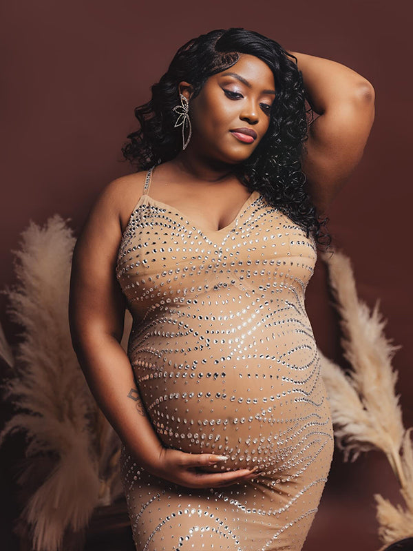 Momnfancy Apricot Diamonds Mesh Cami Elegant Maternity Photoshoot Maxi Dress