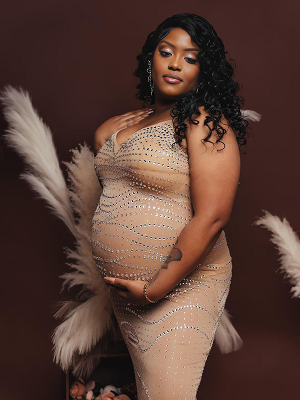 Momnfancy Apricot Diamonds Mesh Cami Elegant Maternity Photoshoot Maxi Dress