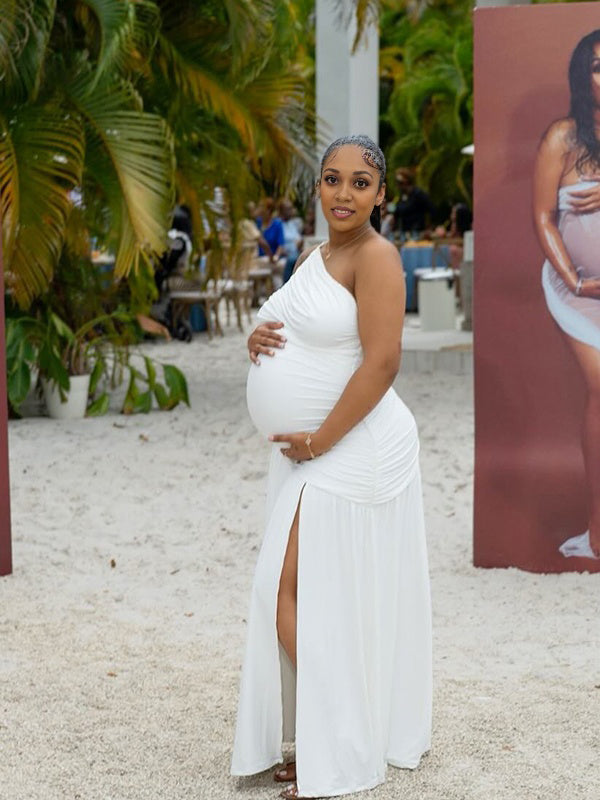 Momnfancy Irregular Collar Side Slit Maternity Maxi Dress