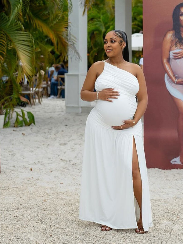 Momnfancy Irregular Collar Side Slit Maternity Maxi Dress