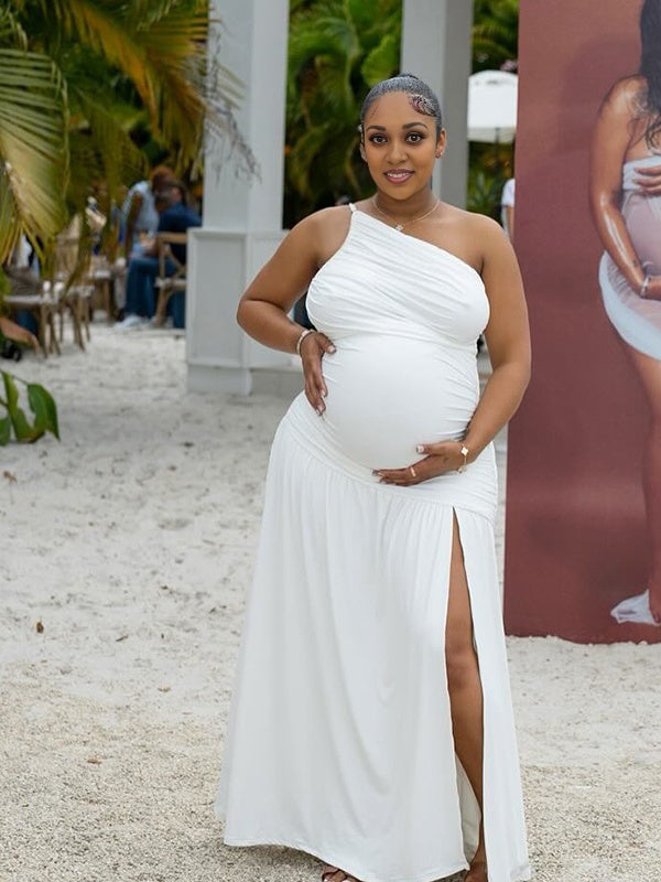 Momnfancy Irregular Collar Side Slit Maternity Maxi Dress