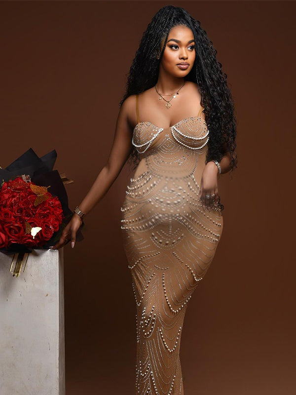 Momnfancy Mermaid Sparkly Spaghetti Strap Photoshoot Maternity Maxi Dress