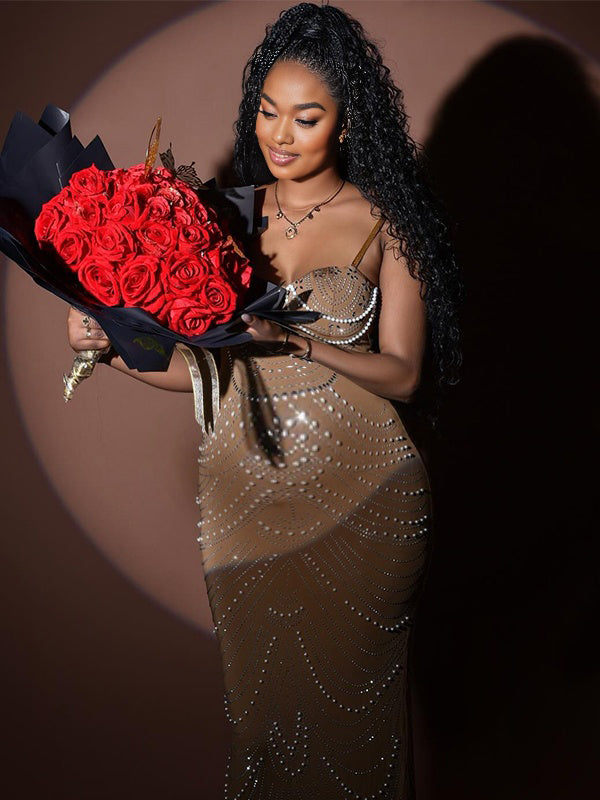 Momnfancy Mermaid Sparkly Spaghetti Strap Photoshoot Maternity Maxi Dress