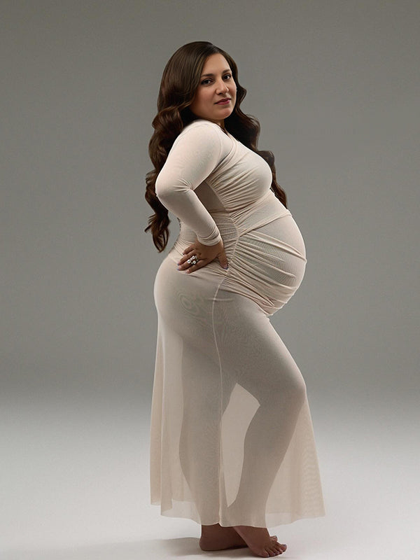Momnfancy Ruched Tulle Sheer Maternity Maxi Dress