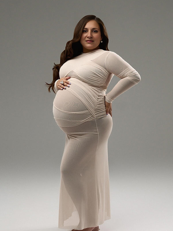 Momnfancy Ruched Tulle Sheer Maternity Maxi Dress