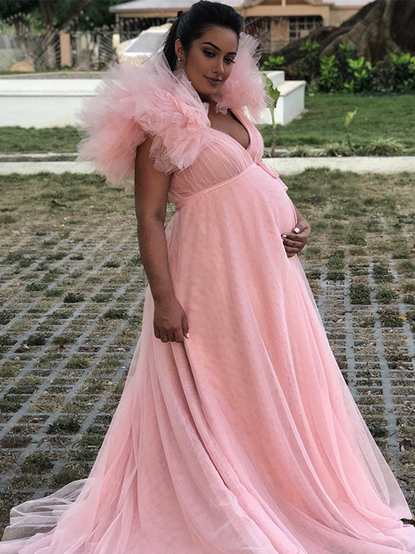 Momnfancy Trailing Tulle Side Slit  Maternity Maxi Dresses