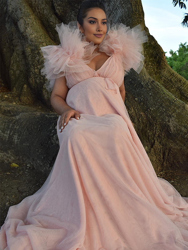 Momnfancy Trailing Tulle Side Slit  Maternity Maxi Dresses