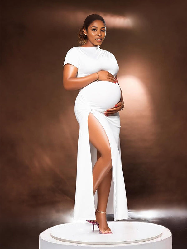 Momnfancy Oblique Shoulder Side Slit Maternity Maxi Dresses