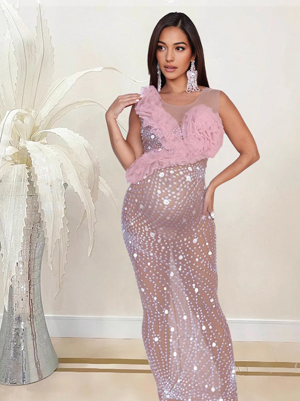 Momnfancy Backless Print Sequin Maternity Maxi Dresses