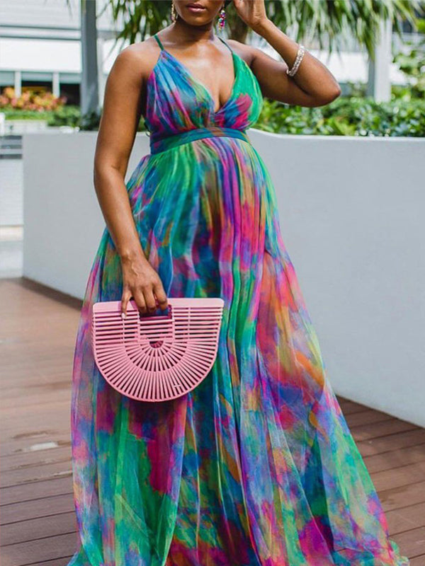 Momnfancy Bleach Band Spaghetti Strap Trailing Maternity Maxi Dresses
