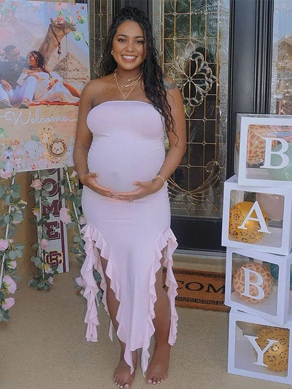 Momnfancy Bandeau Bodycon Ruffle Babyshower Maternity Maxi Dress