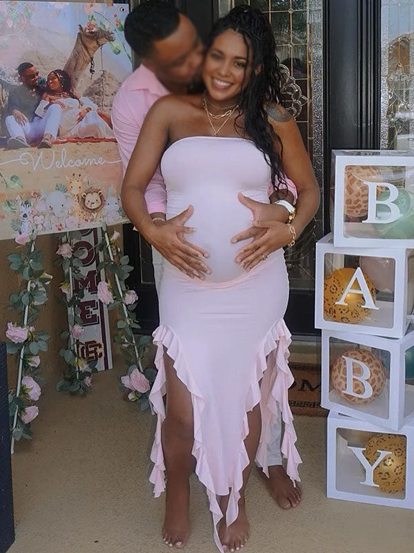 Momnfancy Bandeau Bodycon Ruffle Babyshower Maternity Maxi Dress