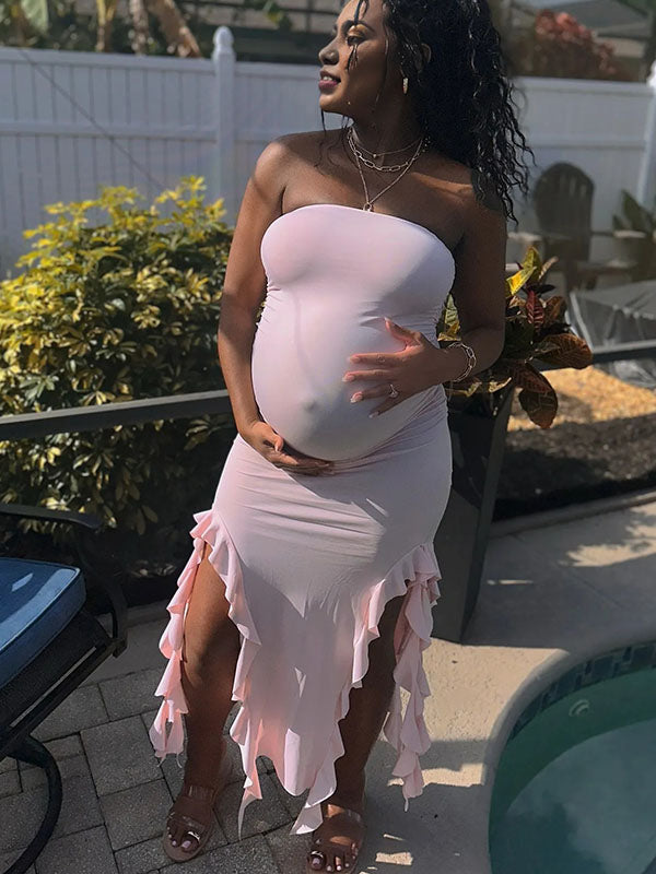 Momnfancy Bandeau Bodycon Ruffle Babyshower Maternity Maxi Dress