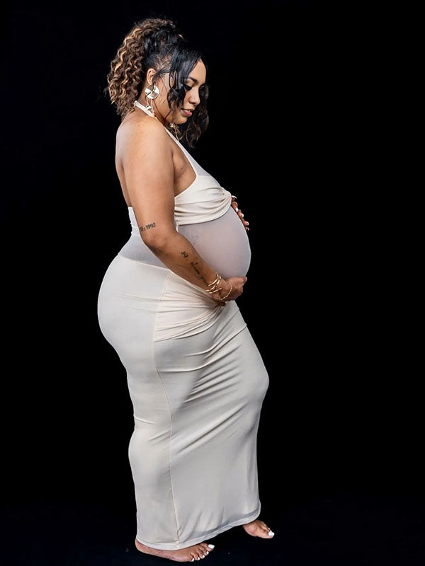 Momnfancy Mesh Bodycon Ruched Sheer Photoshoot Maternity Maxi Dress