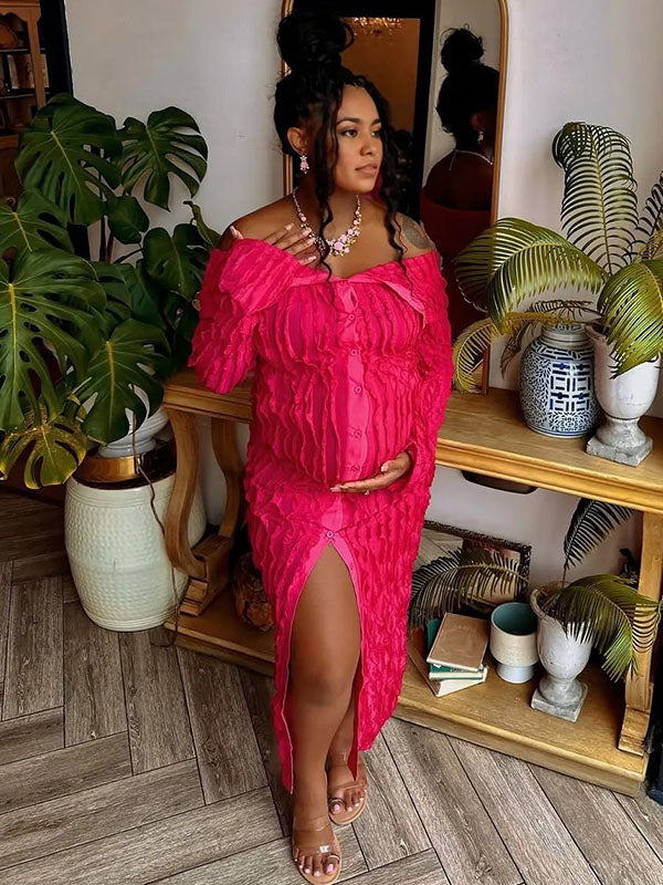 Momnfancy Off Shoulder Bodycon Babyshower Maternity Maxi Dress