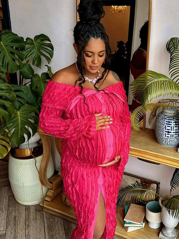 Momnfancy Off Shoulder Bodycon Babyshower Maternity Maxi Dress
