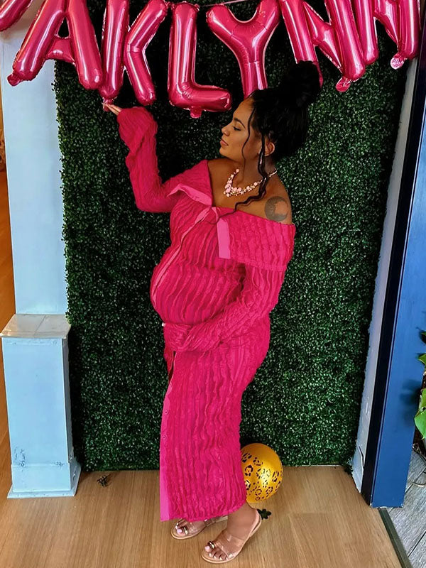 Momnfancy Off Shoulder Bodycon Babyshower Maternity Maxi Dress