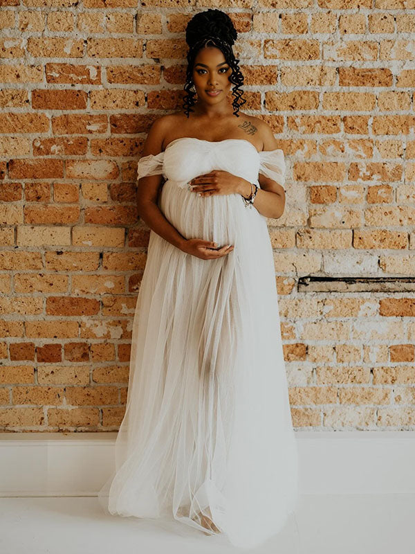 Momnfancy Off Shoulder Tulle Sheer Photoshoot Maternity Maxi Dress