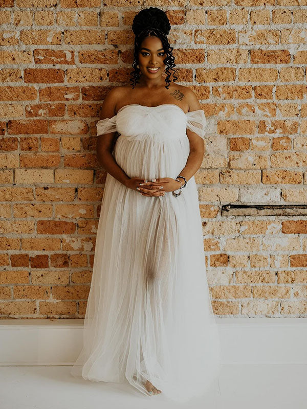 Momnfancy Off Shoulder Tulle Sheer Photoshoot Maternity Maxi Dress