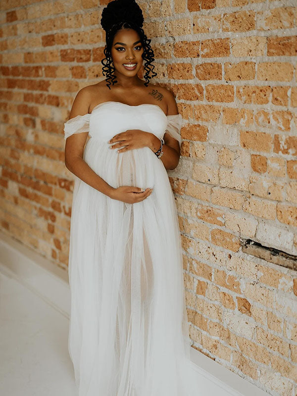 Momnfancy Off Shoulder Tulle Sheer Photoshoot Maternity Maxi Dress